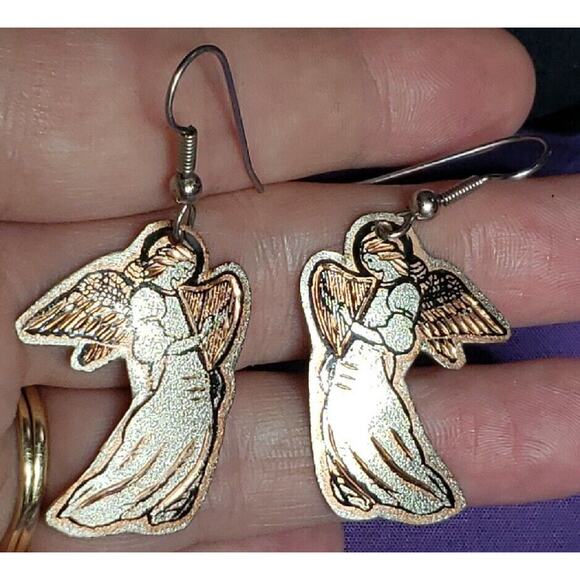 Copper And Silver Tone Angel Playing Harp Dangle Earrings, Lightweight Metal - Picture 7 of 10